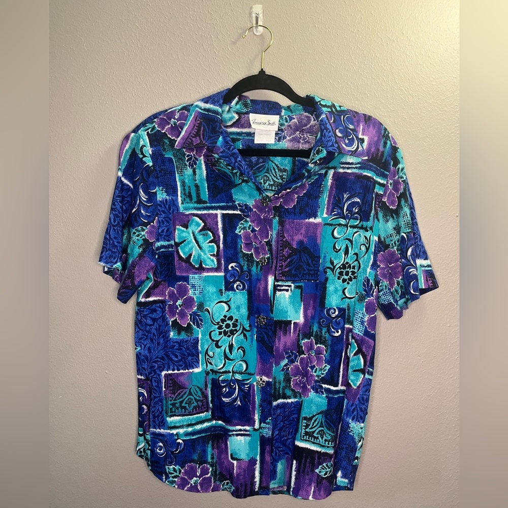 Jessica Scott Vintage Tropical Floral Button Up Blouse Flower Buttons Size M